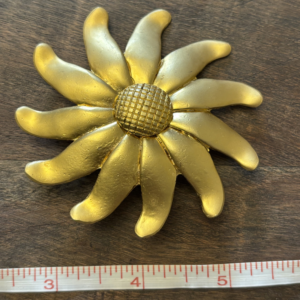 Large Sculptural Textured Sunflower Brooch Gold Tone